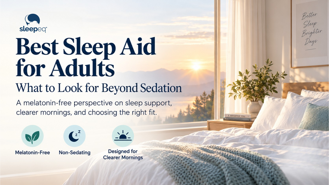 Bright morning bedroom with the headline Best Sleep Aid for Adults, highlighting melatonin-free, non-sedating sleep support and clearer mornings.