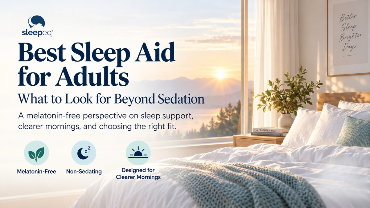 Bright morning bedroom with the headline Best Sleep Aid for Adults, highlighting melatonin-free, non-sedating sleep support and clearer mornings.