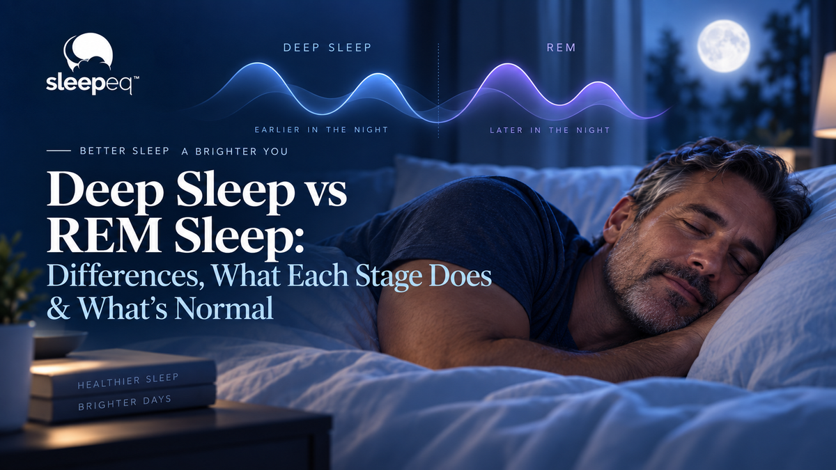 Man sleeping at night beneath a visual comparison of deep sleep and REM sleep.