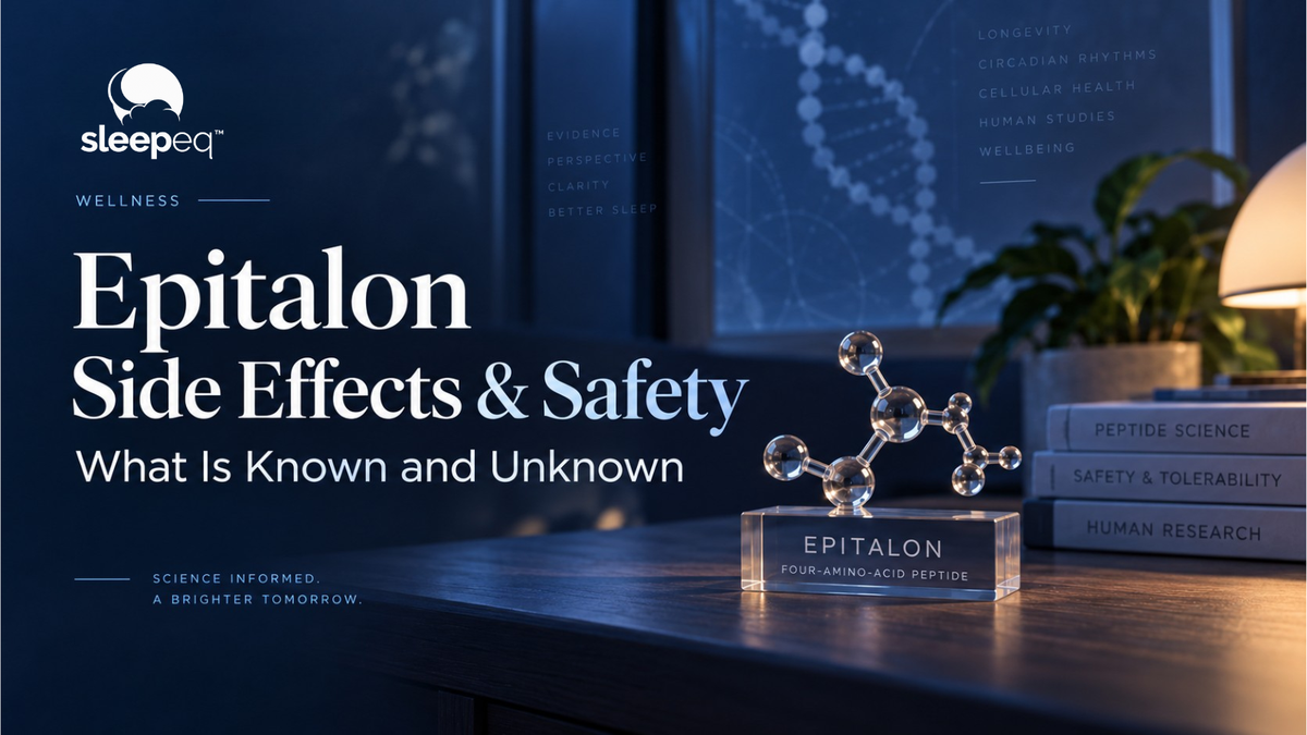 SleepEQ editorial cover for an evidence-based review of Epitalon side effects and safety.