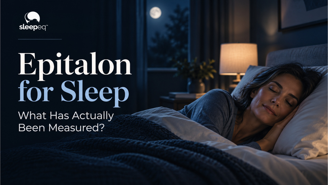 SleepEQ editorial cover showing a woman sleeping in a dark blue bedroom with the title “Epitalon for Sleep.”