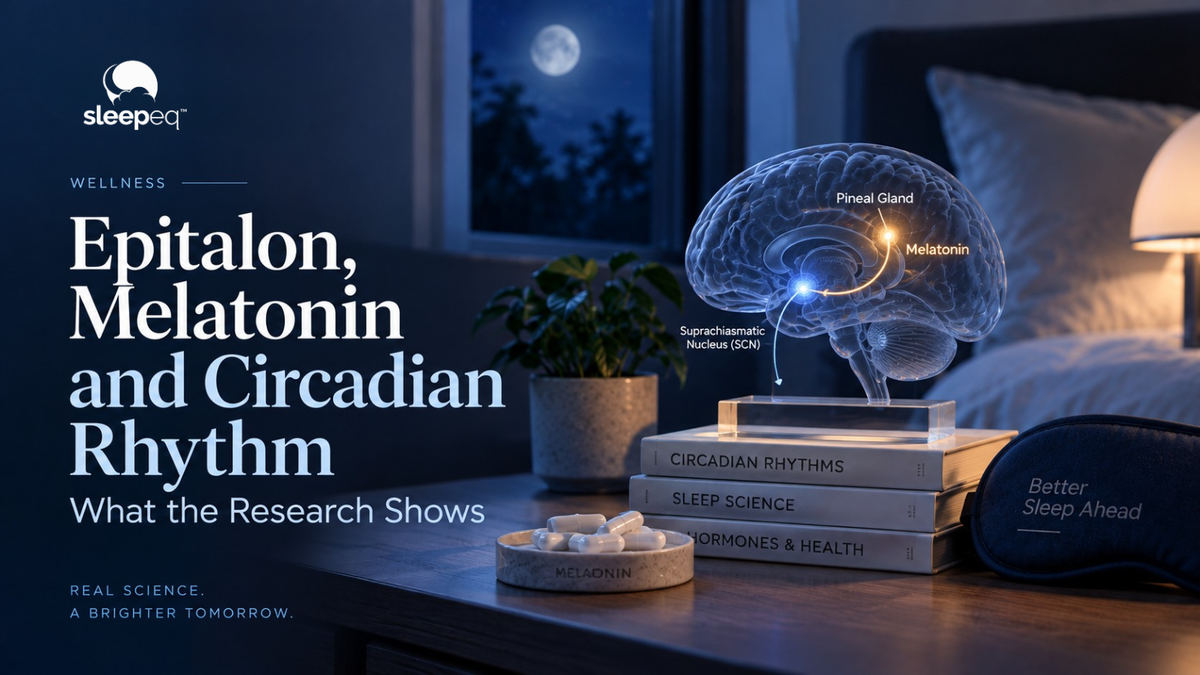 SleepEQ editorial cover for an evidence-based review of Epitalon, melatonin production and circadian rhythm.