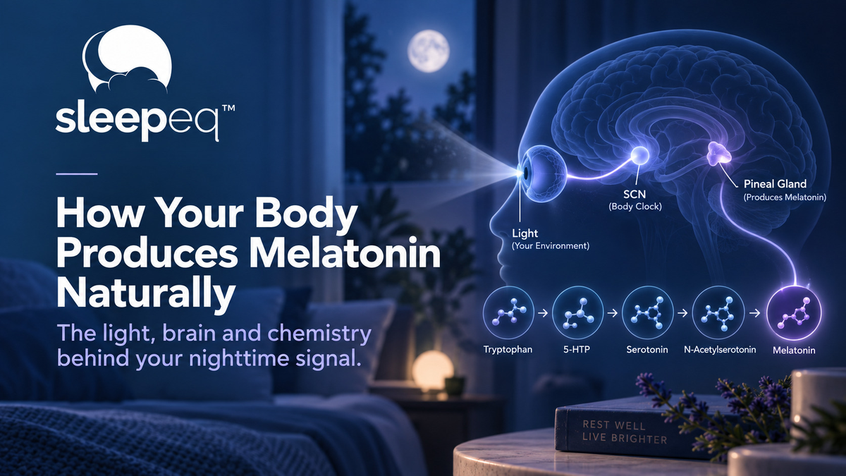 How the body produces melatonin naturally through light signals, the SCN, pineal gland and melatonin synthesis pathway
