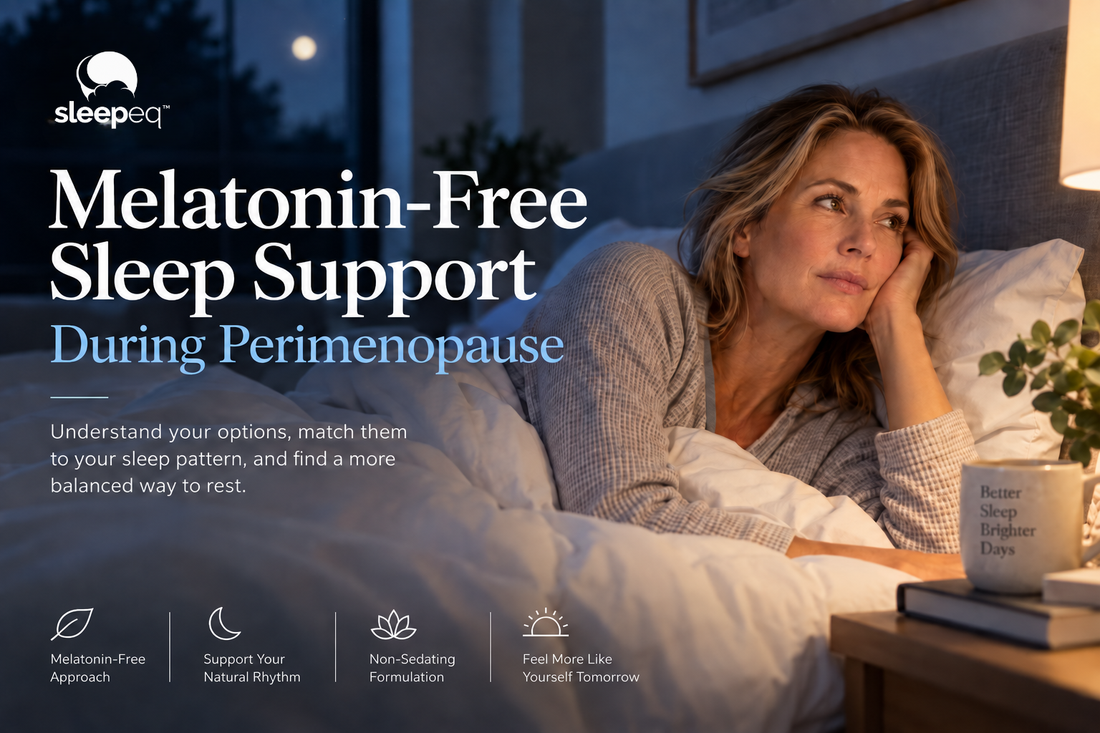 Woman awake in bed at night during perimenopause, illustrating melatonin-free sleep support options.