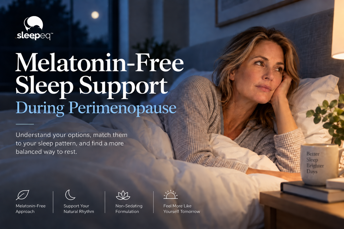 Woman awake in bed at night during perimenopause, illustrating melatonin-free sleep support options.