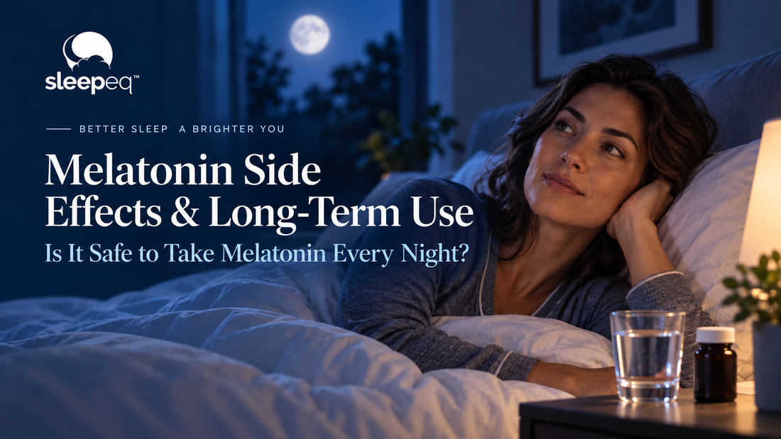 Woman awake in bed at night beside a melatonin supplement bottle.