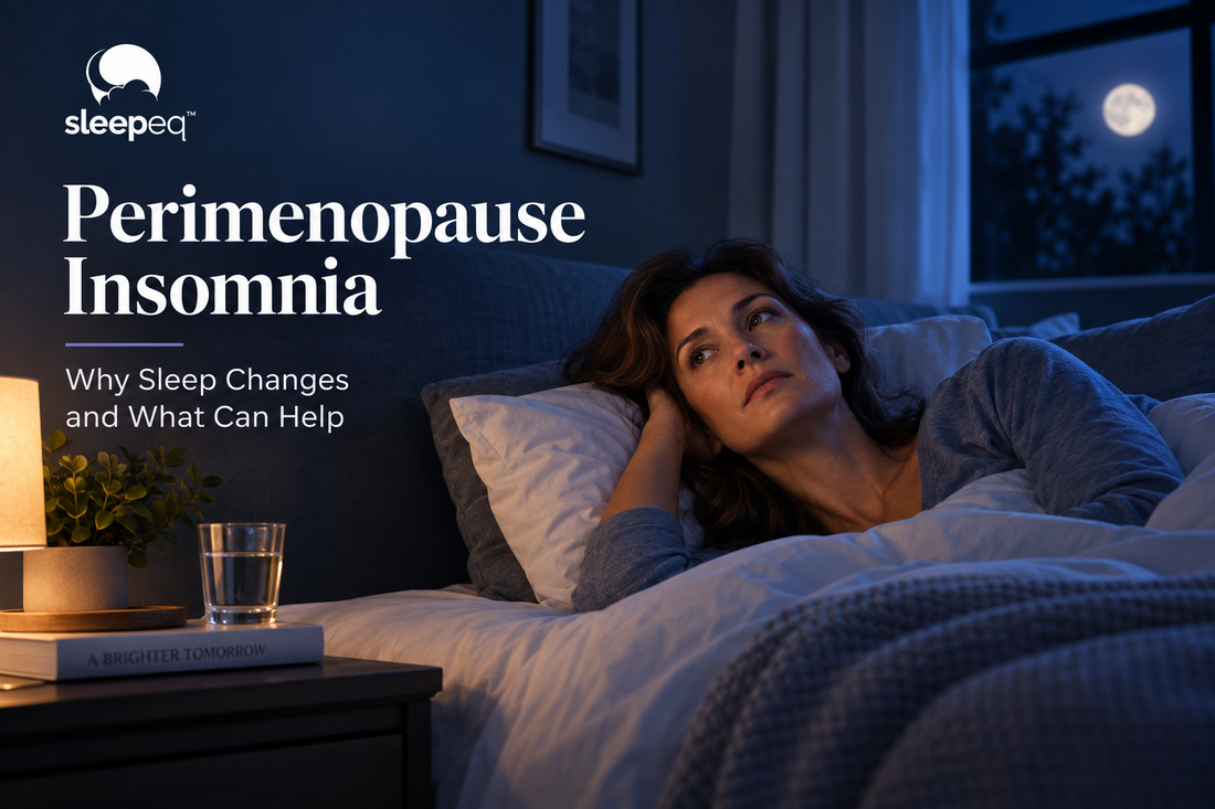 Woman awake in bed at night during perimenopause, illustrating insomnia and sleep disruption.