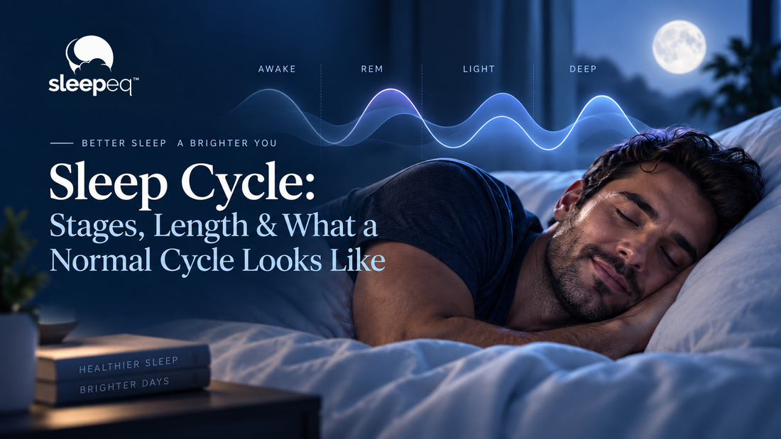 Man sleeping at night with an illustrated wave showing awake, REM, light and deep sleep stages.