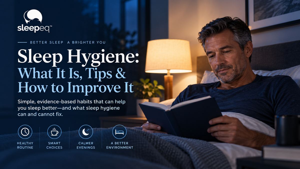 Man reading in bed as part of a calming evening sleep hygiene routine.