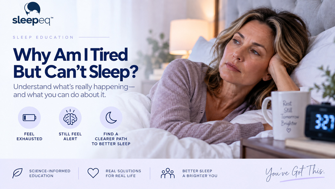 Woman lying awake in bed at night, feeling exhausted but unable to sleep.