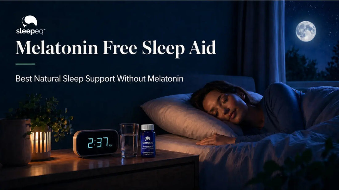 Melatonin free sleep aid with SleepEQ bottle beside a glass of water in a nighttime bedroom