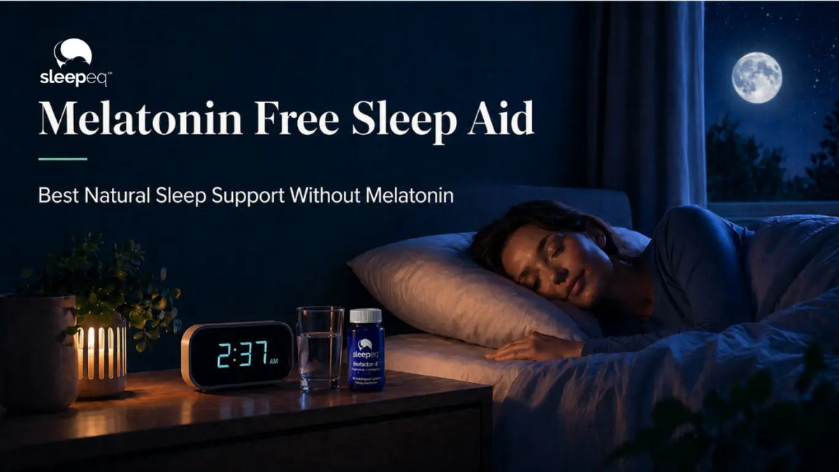 Melatonin free sleep aid with SleepEQ bottle beside a glass of water in a nighttime bedroom