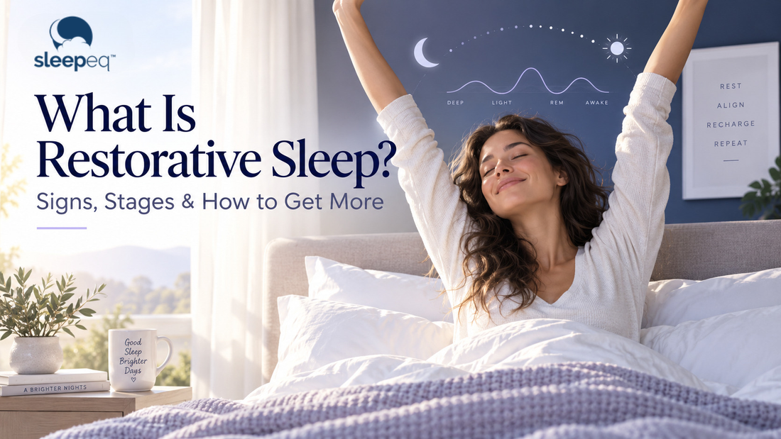 Person waking refreshed after sleep with visual cues for sleep continuity, circadian timing and healthy sleep stages