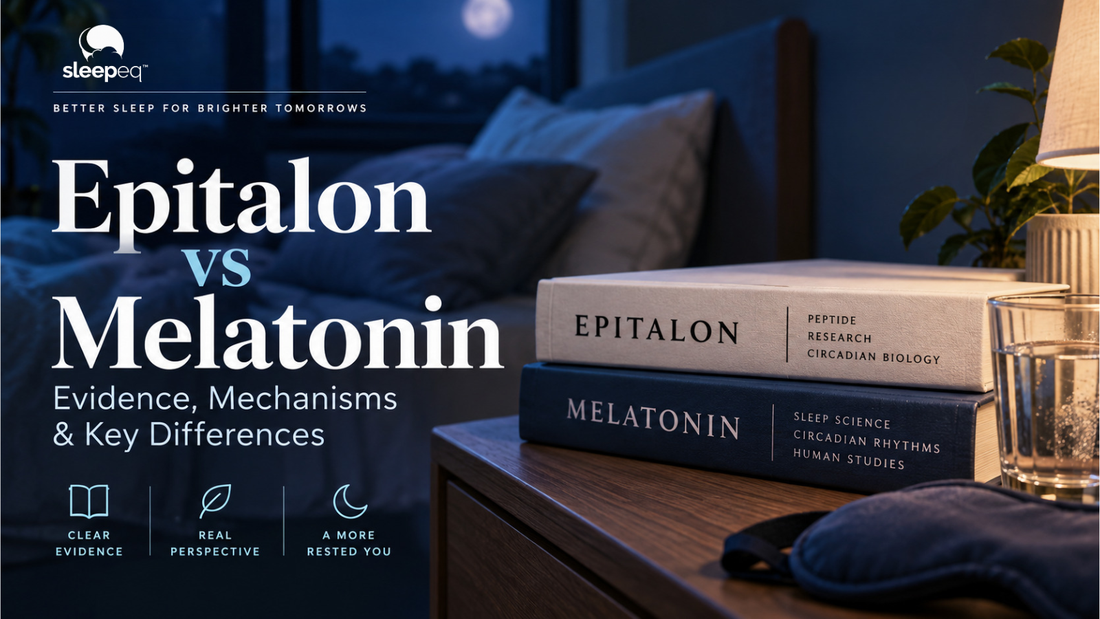 SleepEQ editorial cover for an evidence-based comparison of Epitalon and melatonin.