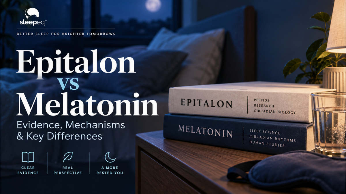 SleepEQ editorial cover for an evidence-based comparison of Epitalon and melatonin.