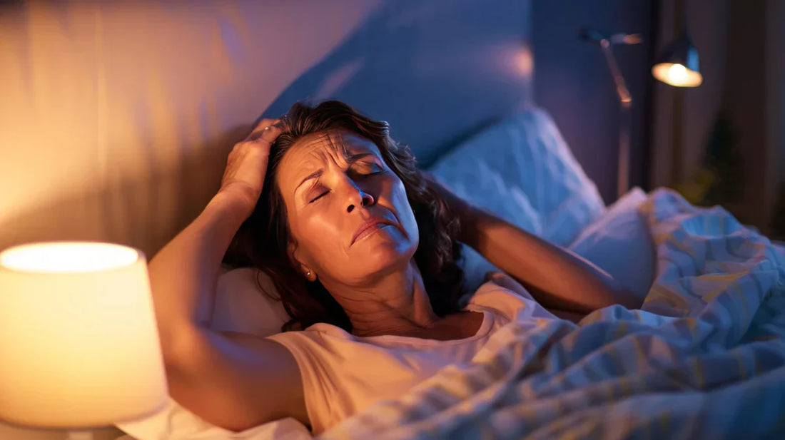 Woman holding her head while laying in bed
