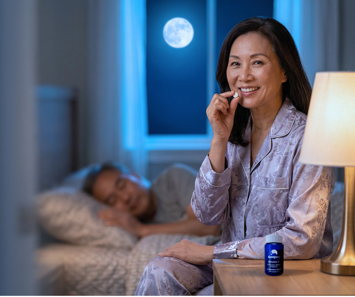 Woman taking a SleepEQ dissolvable sleep tablet before bed, with her partner sleeping in the background.